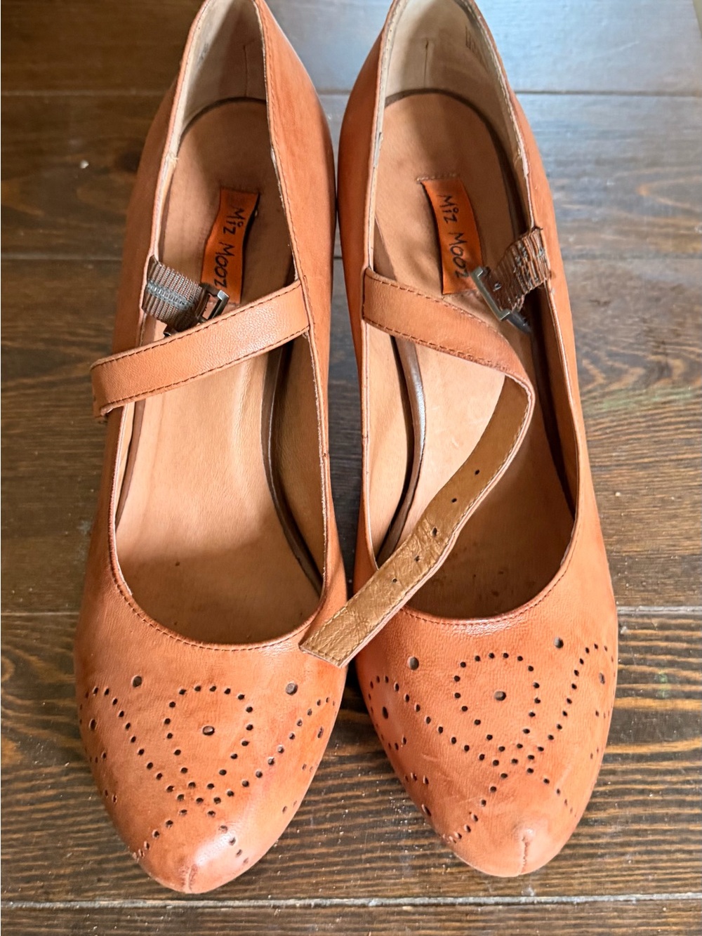 Miz Mooz Tan Leather Mary Jane Heels with Perforated Detail